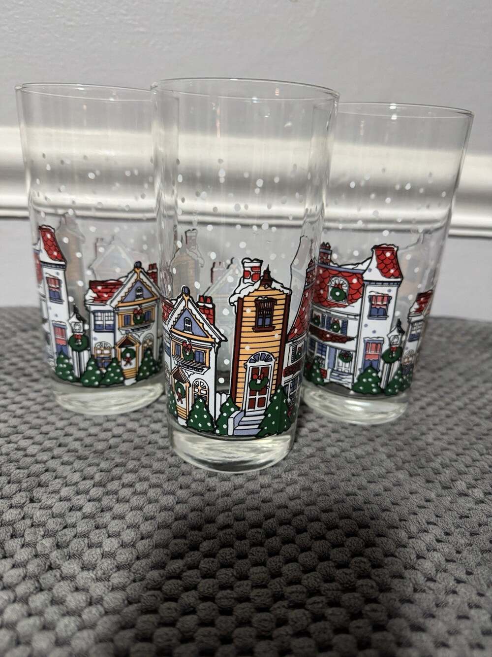Vtg Luminarc D'Arques Dublin Christmas Village Highball Glasses Set of 3